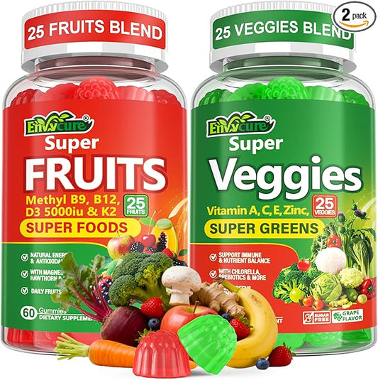 Superfood Fruits and Veggies Gummies w/Spirulina, Chlorella, Kale, Mushrooms, Prebiotics, Multi-Vitamins, 50+Greens, Fruit and Vegetable to Boost Immunity, Energy Levels & Gut Health Sugar Free 120Cts