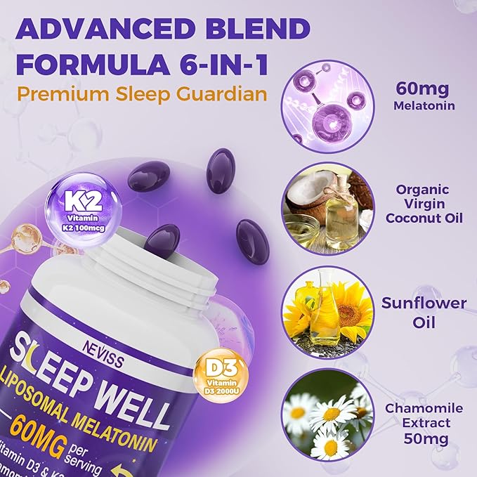 Melatonin 60mg for Adults High Dose, Supports Deep Rest & Brain Cognition, Extra Strength Liposomal Melatonin with Vitamin D3 K2, Chamomile, for Sound Zzz Cycle, Immune & Antioxidant, 150 Softgels