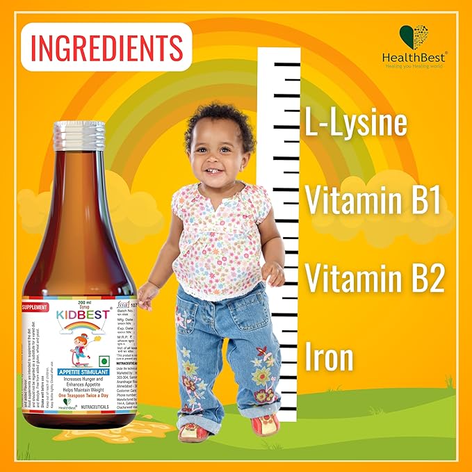 Kidbest Appetite Booster for Kids 3-13 Yrs with 20+ Nutrients, L-Lysine & B Vitamins Syrup, Helps Healthy Weight Gain, Pineapple Flavor, Increases Hunger, Appetite Stimulant, 200ml