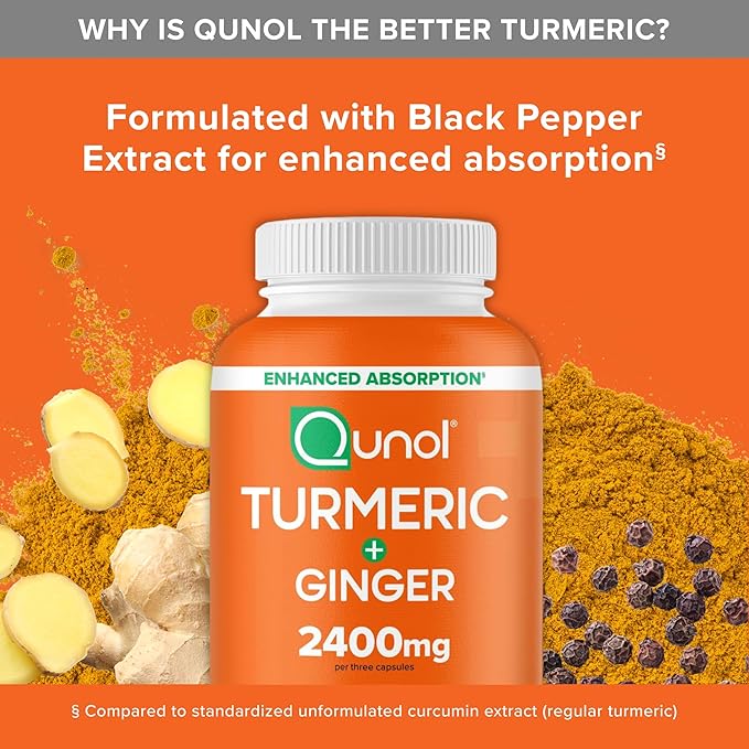 Qunol Turmeric Curcumin with Black Pepper & Ginger, 2400mg Turmeric Extract with 95% Curcuminoids, Extra Strength Supplement, Enhanced Absorption, Joint Support Supplement, 105 Count