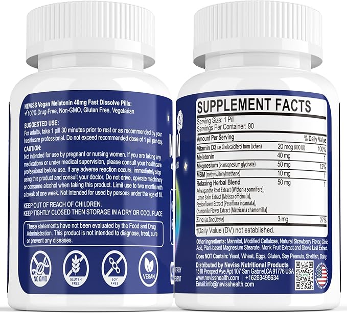 Melatonin 40 mg for Adults - Fast Dissolve & Chewable Sublingual Sleep Supplement - Extra Strength Melatonin with Vitamin D3 & MSM, Selenium for Health Rest Cycle, Deep Zzzs, Sugar-Free, 180 Servings