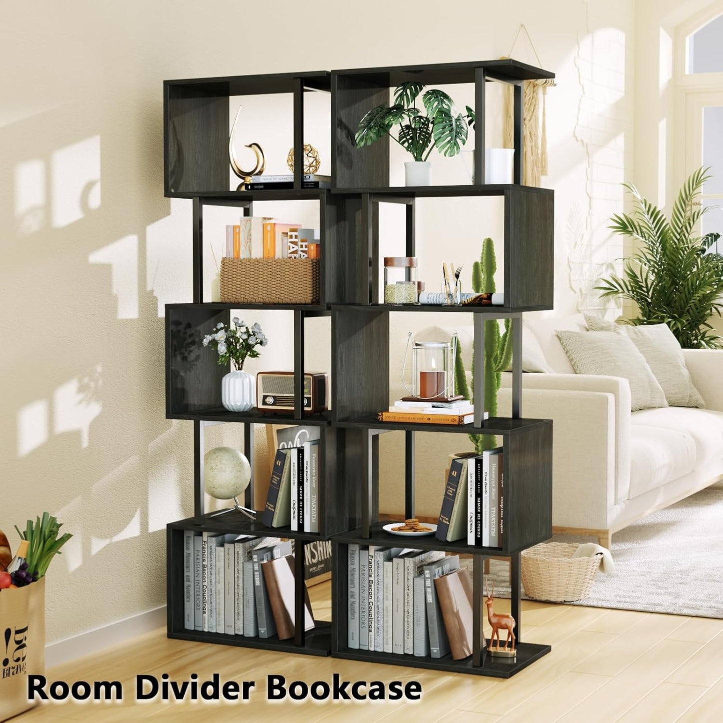 Furologee 6 Tier Bookshelf Tall Geometric Bookcase, S Shaped Industrial Display Standing Shelf, Metal and Wood Decorative Storage Room Divider Rack for Bedroom, Living Room, Office, Light Black Oak