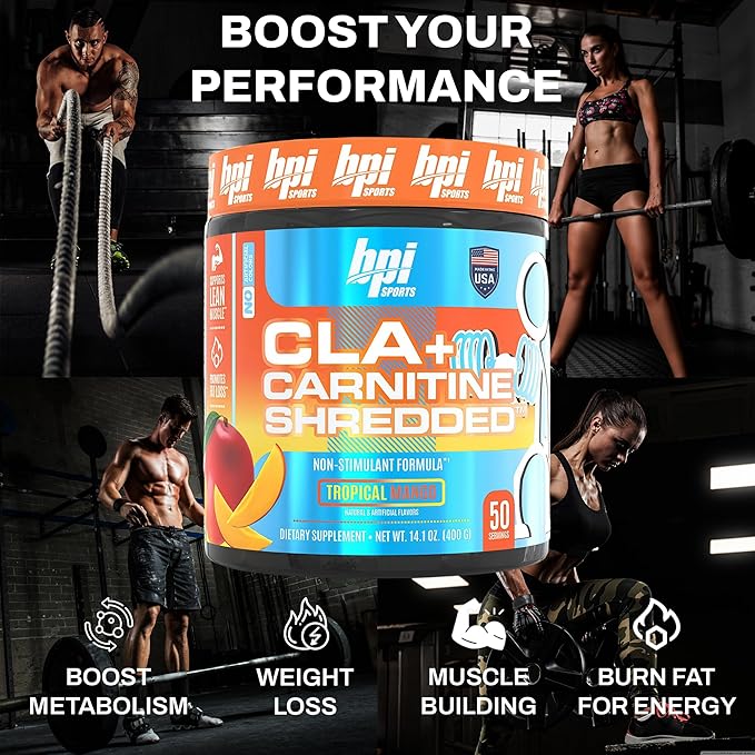 BPI Sports CLA + Carnitine Shredded - Convert Fat Cells Into Energy and Supports Lean Muscle, Boost Metabolism - Non-Stimulant L-Carnitine Supplement - Tropical Mango (14.1 oz. / 50 Servings)