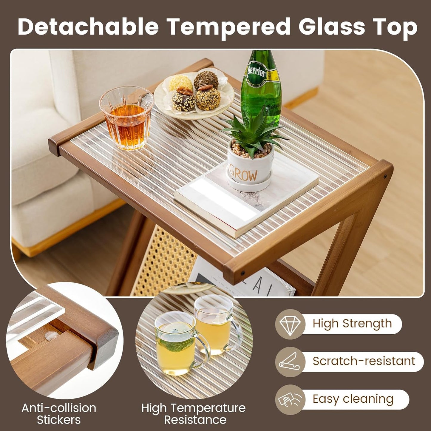 GOFLAME Rattan Side Table, Z-Shaped End Table with Tempered Glass Top, Magazine Rack, Boho Night Stand, Small Coffee Table, Bamboo Accent Bedside Table for Living Room, Bedroom, Walnut