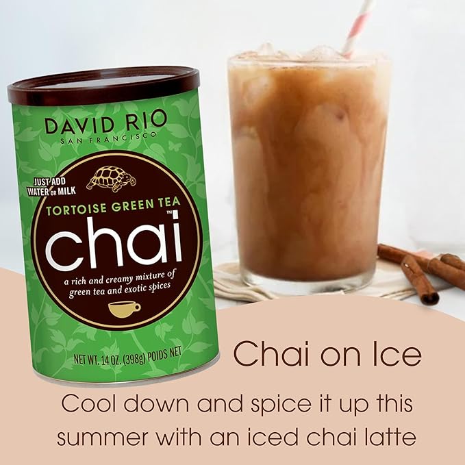 David Rio Tortoise Green Tea Chai Tea Latte Mix, 64 Oz, Green Tea, Organic Spices, Dairy Free, Serve Hot or Cold, Just Add Water or Milk, 52 Servings, Perfect for Food Service
