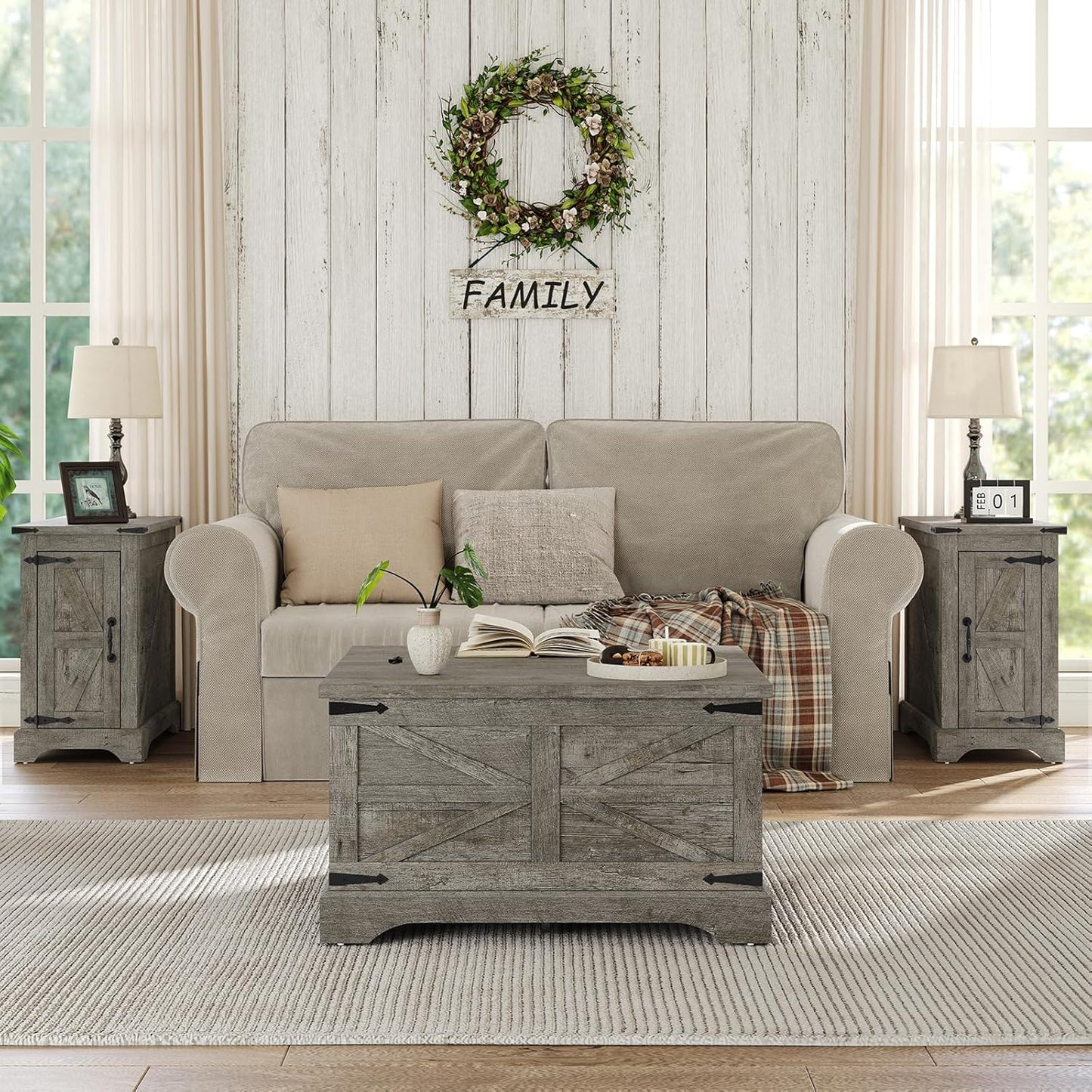 Furnideco Farmhouse Lift Top Coffee Table, Square Wood Center Table with Large Hidden Storage Compartment for Living Room, Rustic Modern Table with Hinged Lift Top, Oak Grey