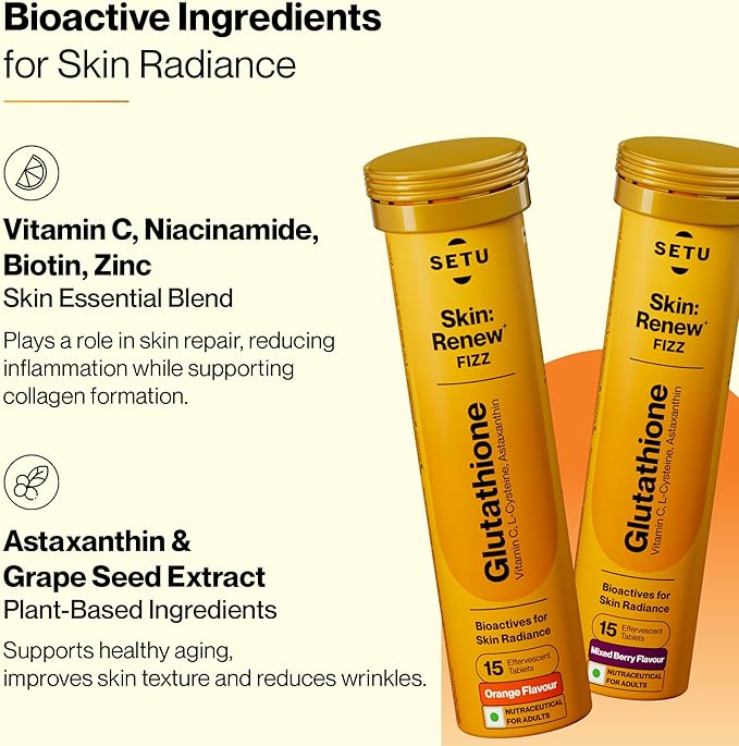Glutathione Effervescent Tablets for Skin with 500mg L-Glutathione & Vitamin C | Sugar-Free Antioxidant Supplement for Clear, Glowing Complexion | Mixed Berry & Orange (Pack of 2) | 30 Tablets