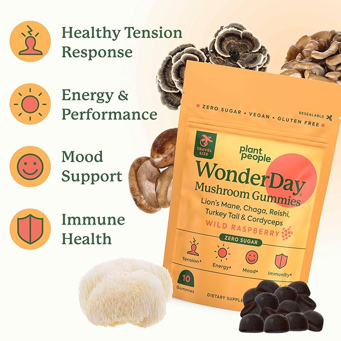 Plant People - WonderDay Mushroom Gummies Mini | Daily Gummy Multi Support for Whole Body Balance, Mood, De-Stress, Energy, Immune and Gut Health | Natural, Vegan, Non-GMO | Trial Size
