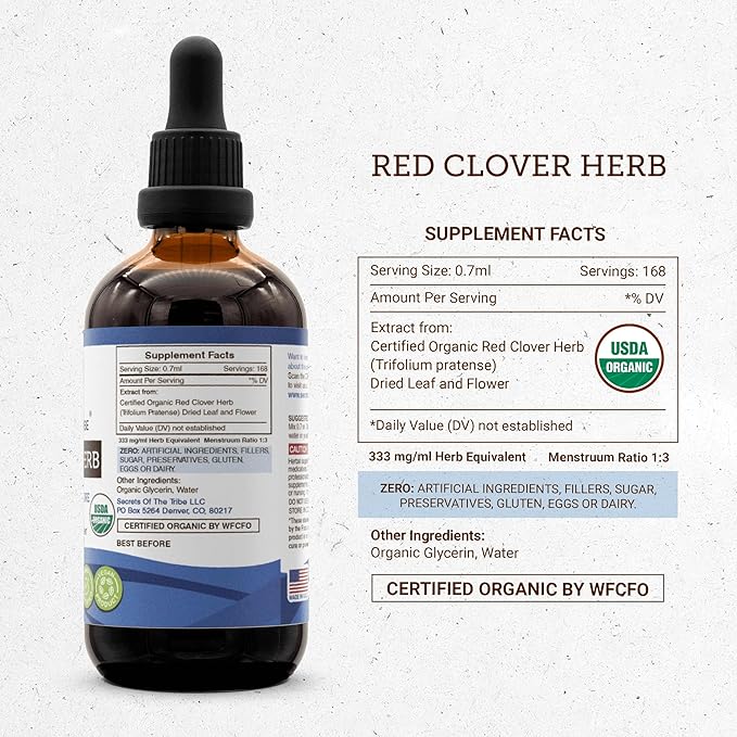 Red Clover Herb USDA Organic Tincture | Alcohol-FREE Extract, High-Potency Herbal Drops| Made from 100% Certified Organic Red Clover Herb (Trifolium Pratense) Dried Leaf and Flower 4 oz