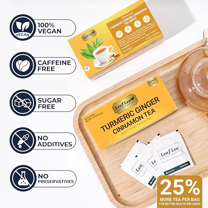 LeafLea Turmeric Ginger Cinnamon Tea, 120 Individually Wrapped Tea Bags, 100% Natural Herbal Blend with Pure Ginger and Turmeric, Supports Digestion & Immune Health, Caffeine-Free, No Sugar