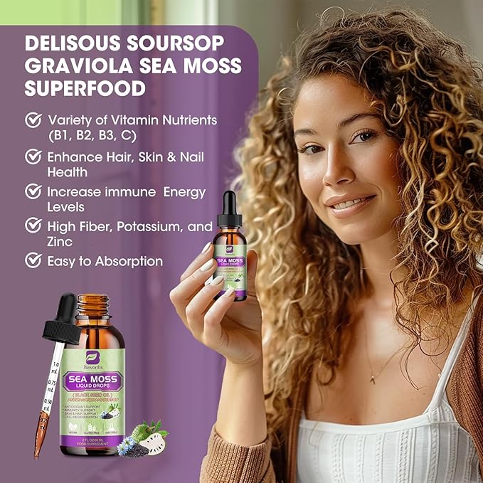Sea Moss Liquid Drops - Irish Sea Moss & Black Seed Oil with Ashwagandha, Soursop Bitters, Elderberry, Burdock Root, Bladderwrack, Seamoss Supplement Support Antioxidant, Immune, Gut Health