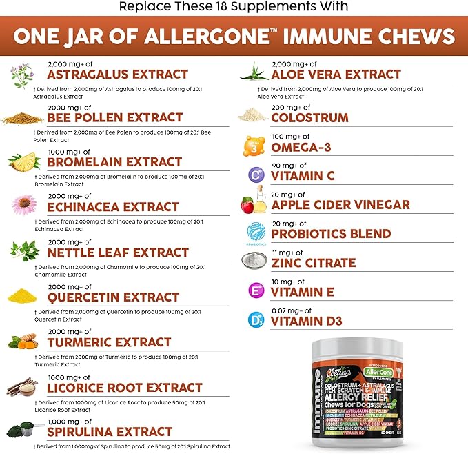 Dog Allergy Relief Chews | Itchy Skin Relief for Dogs | Colostrum Astralagus Omega 3 Bee Pollen Bromelain Echinacea Nettle Leaf Quercetin Licorice Root Spirulina ACV Immune - Pack of 1