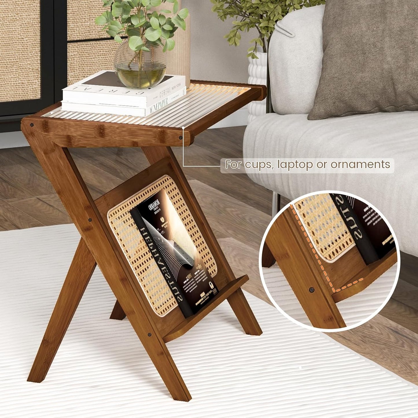 Giantex Rattan Side Table, Boho Nightstand with Glass Top & Magazine Rack, End Table with Storage, Bamboo Bedside Table for Small Space Living Room Bedroom (1, Walnut)