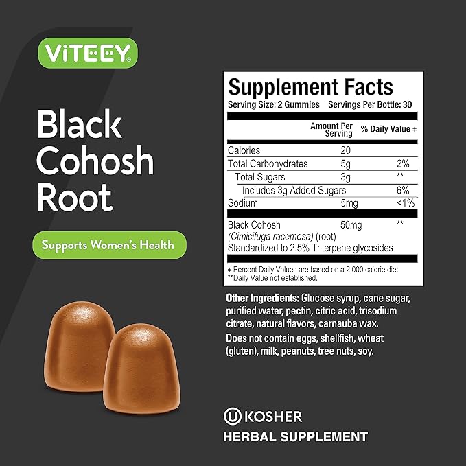 Viteey Black Cohosh Root Gummies - Menopause Relief for Hot Flashes and Night Sweats - Vegan, Gluten Free, Non-GMO - 120 Count