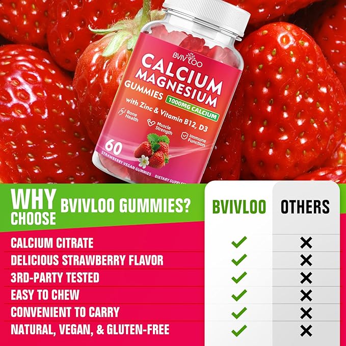 Calcium Gummies 1000mg with Vitamin D3 K2 & B Complex, Potassium, Calcium Magnesium Zinc Gummies for Bone, Muscle, Mood and Immunity - Vegan, Non-GMO, Strawberry Flavor 120 Count