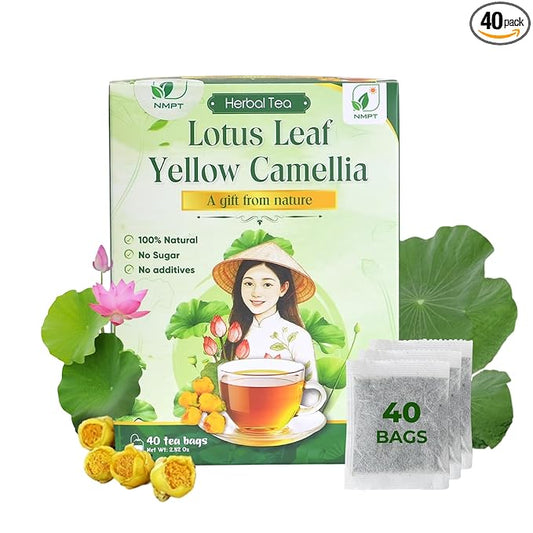 NMPT Dried Lotus Leaf Yellow Camellia Tea, Handpicked, Organic Herbal Tea, 40 Sachets, Cold-Dried, Gluten-Free, No Added Sugar, Mild Sweet Flavor, Supports Overall Health