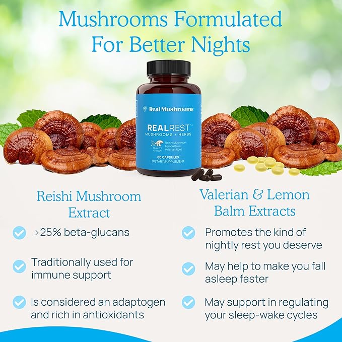 Real Mushrooms RealRest Capsules – Organic Reishi Mushroom and Lemon Balm Extract – Calmness, Mindfulness & Wellness Support – Vegan, Non-GMO, No Fillers – 60 Count Functional Mushroom Supplement