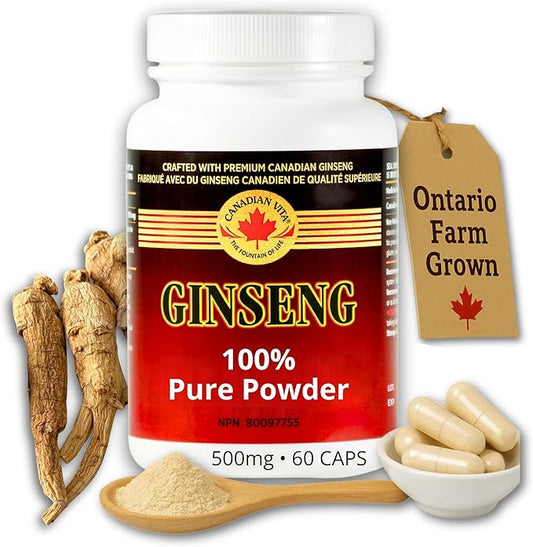 Ginseng Supplement 500mg - 60 Capsules - Pure Canadian Ginseng Root Powder - Energy | Focus | Immune Support - Authentic Ontario Farm Ginseng