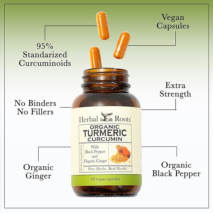 Herbal Roots - Turmeric Curcumin Capsules - Extra Strength - 1000mg Pure Organic Turmeric Supplement, 95% Standardized Curcumin Extract with BioPerine Pepper and Ginger
