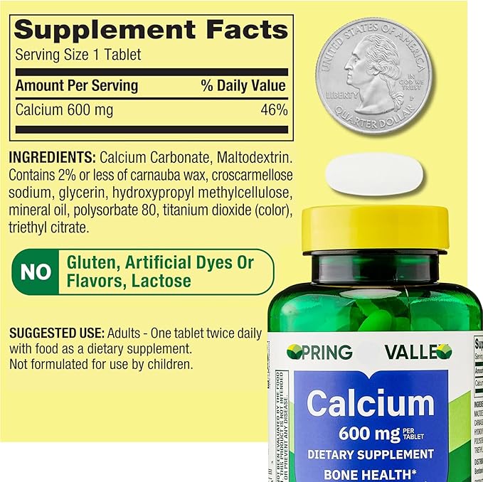 Calcium 600 mg Tablets • Bone & Muscle Health • Supports Strong Bones • Dietary Supplement • 100 Count by Spring Valley + Vena’s Sticker(Pack of 2)