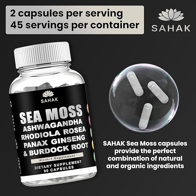 Sea Moss Capsules - Organic Irish Sea Moss with Ashwagandha, Rhodiola Rosea, Panax Ginseng, Burdock Root | Lab Tested | Immune Support, Energy, Cognition,for Women and Men - 90 Raw sea Moss Capsules