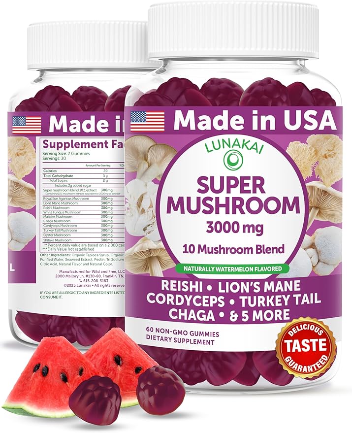 Lunakai USA Made Super Mushroom Gummies for Adults – 10-in-1 Adaptogenic Mushroom Supplement with Lion's Mane - Focus & Brain Support, 60ct