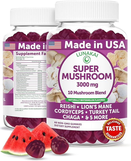 Lunakai USA Made Super Mushroom Gummies for Adults – 10-in-1 Adaptogenic Mushroom Supplement with Lion's Mane - Focus & Brain Support, 60ct
