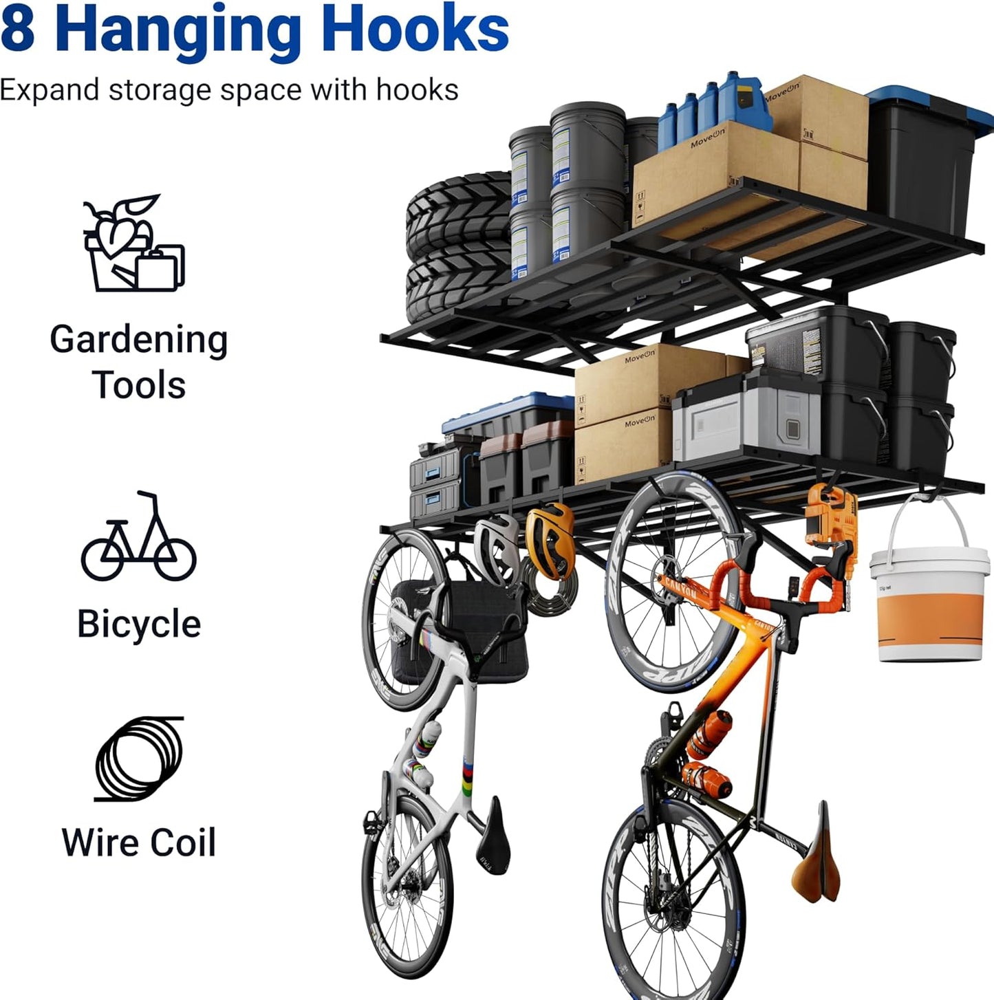 FLEXIMOUNTS 2-Pack 2x4ft Heavy Duty Garage Wall Shelving, 800lbs Capacity, Garage Shelving Wall Mounted with 8 Hooks for Power Tools, Garden Supplies, Storage Bins, Pro Series