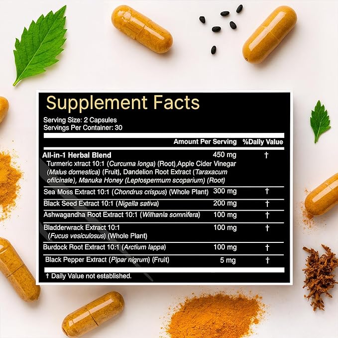 Sea Moss Capsules - Health Supplements - True Seamoss Black Seed Oil Ashwagandha Burdock Root, Tumeric Supplement with Manuka Honey, Dandelion Root ACV - 60 Capsules
