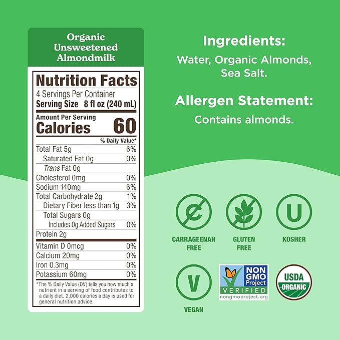Califia Farms - Organic Unsweetened Almond Milk, 32 Oz (Pack of 6), Dairy Free, Vegan, Plant Based, Keto, Vegan, Gluten Free, Non GMO, USDA Organic