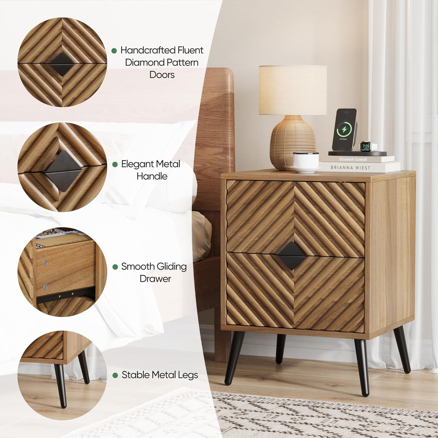 Nightstands, Walnut Night Stand with Diamond-Patterned Drawer Decor, Mid Century Modern Nightstand, Bedside Table with Diamond Handle, End Tables Bedroom with Metal Legs, Night Stand for Bedroom