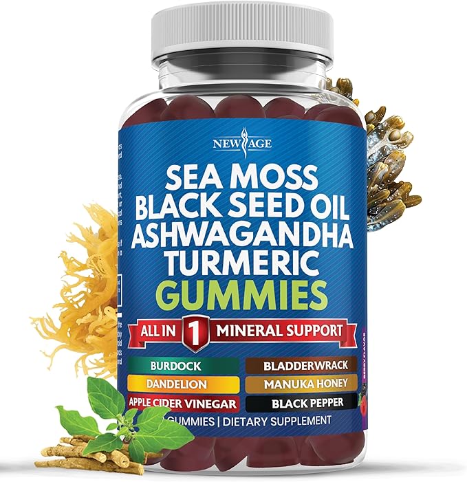 Sea Moss Gummies, Sea Moss, Black Seed, Ashwagandha, Turmeric, Manuka Honey, ACV, Dandelion, Black Pepper, Burdock, Bladderwrack, Vegan - 60 Count