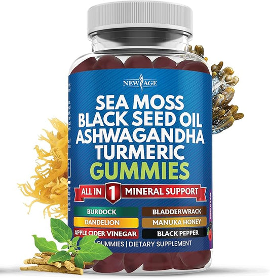 Sea Moss Gummies, Sea Moss, Black Seed, Ashwagandha, Turmeric, Manuka Honey, ACV, Dandelion, Black Pepper, Burdock, Bladderwrack, Vegan - 60 Count