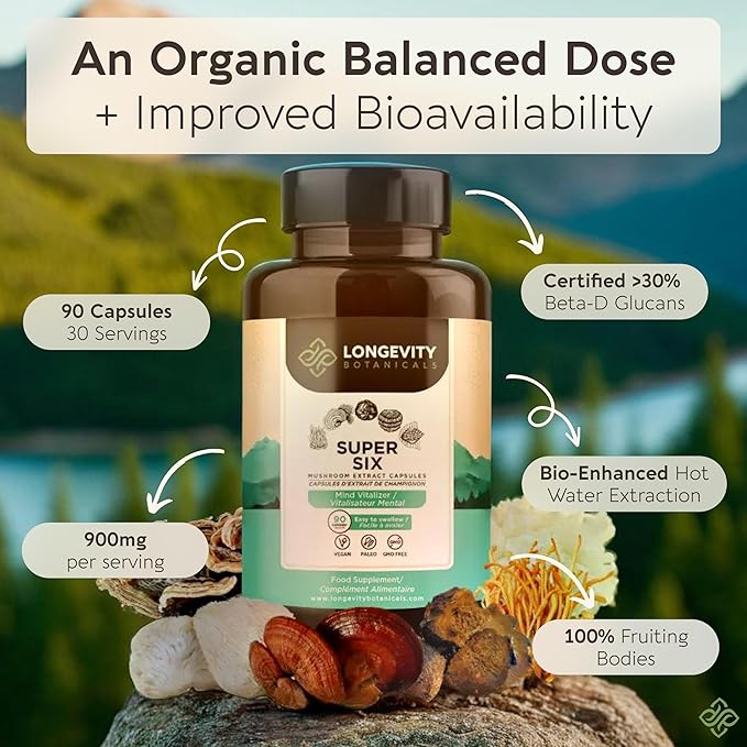 Longevity Botanicals Super Six Organic Mushroom Blend Capsules (90) | Reishi, Lion’s Mane, Chaga, Cordyceps, Tremella, Turkey Tail | Concentrated 10:1 Extract | 100% Fruiting Bodies | Mushroom Complex