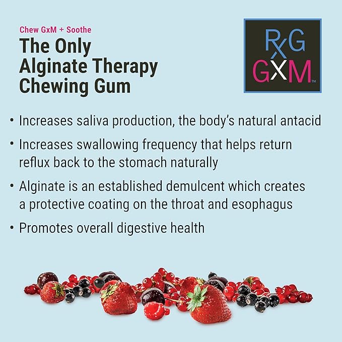 Reflux Gourmet Berry Soothe Gum Alginate Therapy Sodium Bicarbonate Gum for Acid Reflux, Oral, Cognitive, and Digestive Support, Natural with Ginger, Celeriac and Aloe, Sugar Free, Gluten Free, Vegan