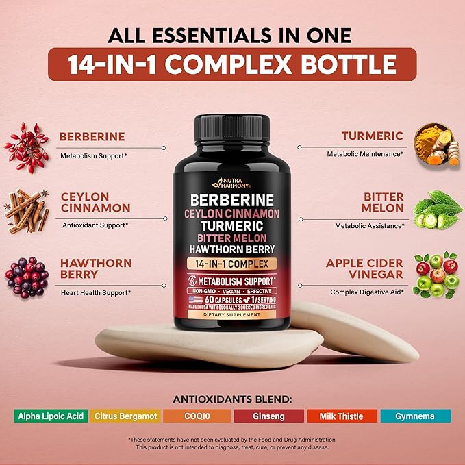 Berberine with Ceylon Cinnamon | Gymnema Extract | Apple Cider Vinegar | Hawthorn Berry | Citrus Bergamot | Bitter Melon - 14-in-1 Supplement for Heart Support, Metabolism & Energy - Vegan 60 Capsules