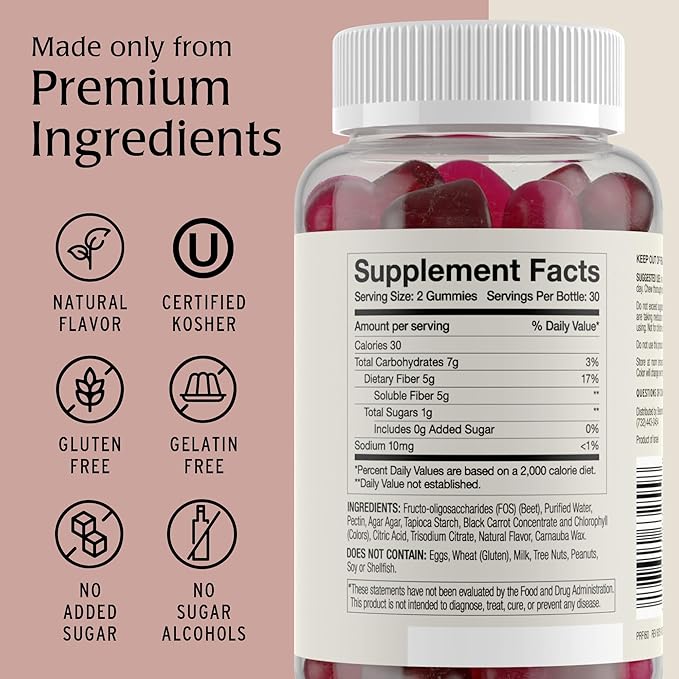Prebiotic Fiber Gummies for Adults & Kids with No Added Sugar- 5g (60 Count) High Fiber Supplement Gummies - Vegan - Keto Friendly - Digestive Health Supplements