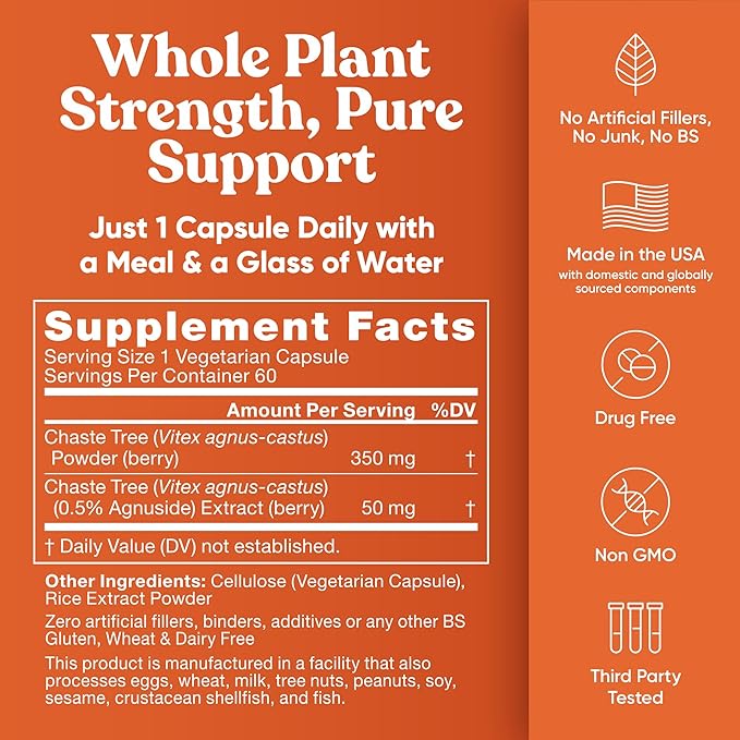 Vitex Pure 400 Mg Chasteberry – Natural PMS Support, Balance Hormones, Regulate Cycle, Promote Skin Health – Full-Spectrum & Standardized – 60 Vegan Soft Capsules
