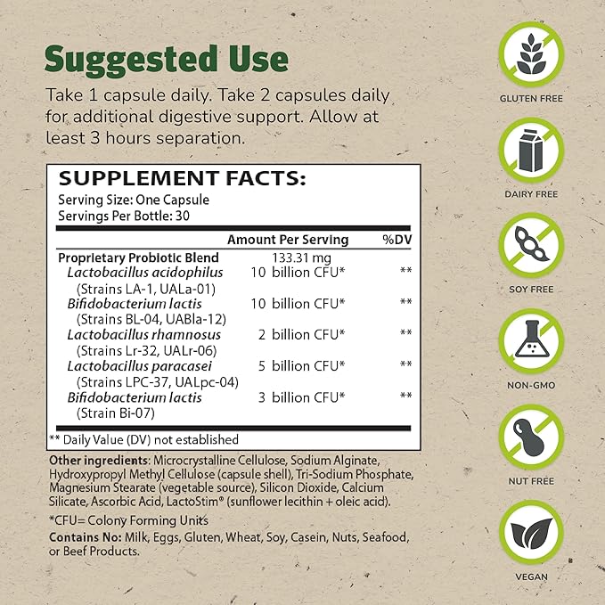 Master Supplements Theralac - 30 Capsules - Multi-Strain Probiotic for Optimal Gut Health + Gas & Bloating Relief - Gluten Free - 30 Servings