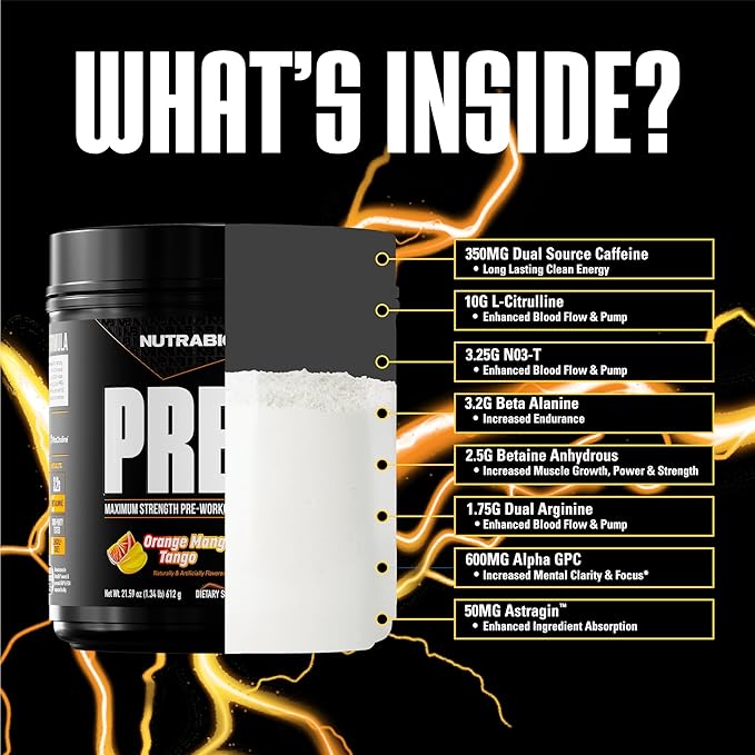 NutraBio PRE Workout Powder - New Formula- Sustained Energy, Mental Focus, Endurance - Beta Alanine, Caffeine, Electrolytes - 20 Servings - Orange Mango Tango