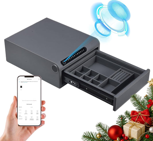 Jewelry Safe with Drawers，Biometric Fingerprint safe, Slide-Away Handgun Safe for Pistols, Leather Wrapped Jewelry Storage Safe, Digital Keypad & Quick-Access Drawer (Grey- 1 Drawer)