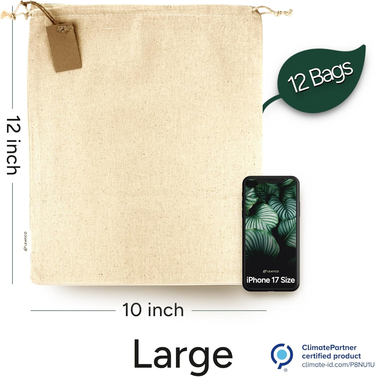 LEAFICO Multipurpose Eco Cloth Bags - Large 10x12 Inch (12 Pack) - Cotton Produce Storage Sacks - Muslin Drawstring Pouches for Vegetables - Bread Bags - Linen Fabric Sachets