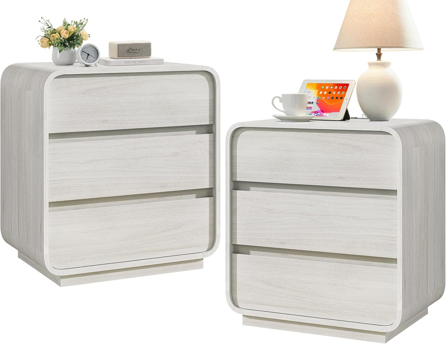White Nightstand Set of 2 with Charging Station, 23.2" Wide Wood Night Stand, Modern Bedside Table with 3 Storage Drawers, Curved Profile, Mid Century End Table for Bedroom Office