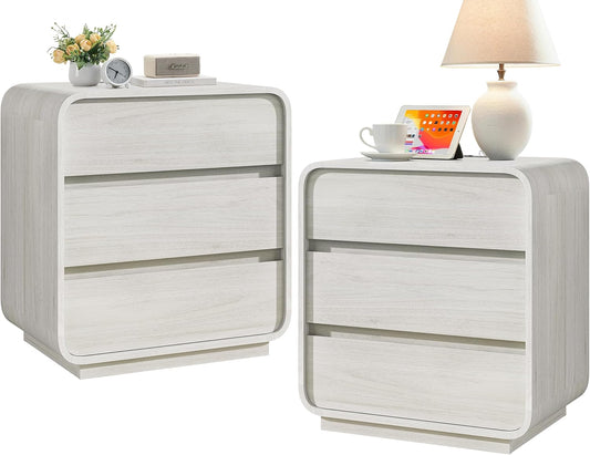 White Nightstand Set of 2 with Charging Station, 23.2" Wide Wood Night Stand, Modern Bedside Table with 3 Storage Drawers, Curved Profile, Mid Century End Table for Bedroom Office