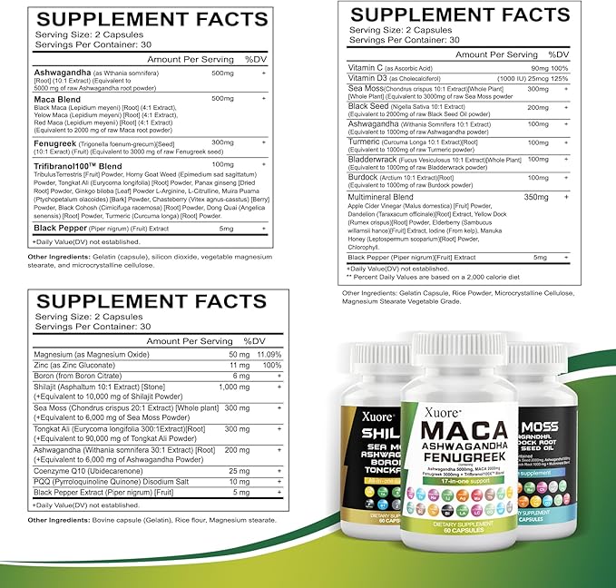 Sea Moss, Black Seed Oil, Ashwagandha, Ginger, Shilajit, Rhodiola Rosea, Panax Ginseng, Maca Root, Fenugreek, Trifibranol100X,All in 1 Supplements (1 Pack)