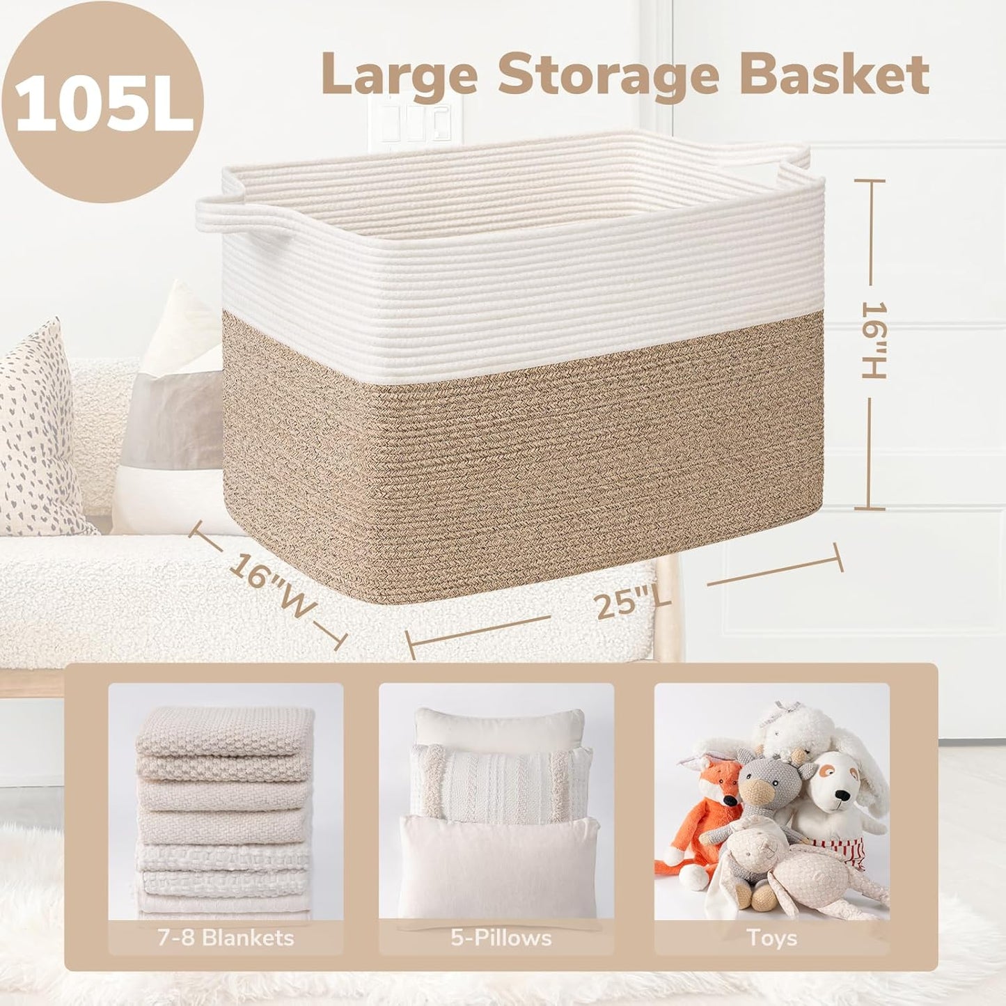 Goodpick Large Woven Blanket Basket 105L, 25"x16"x16" Cotton Rope Organizer for Toys, Dirty Clothes, Extra Large Rectangle Storage Basket for Living Room, Bedroom, White & Brown