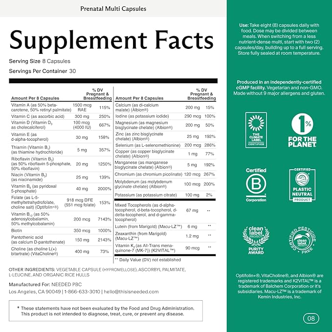 Needed. Multivitamin with Choline Capsules for Prenatal, Pregnancy, Breastfeeding, Postpartum | Expertly-Formulated & Third-Party Tested| 30-Day Supply