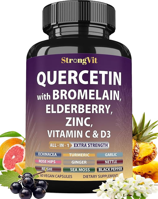 Quercetin with Bromelain, Elderberry, Vitamin C, D3 and Zinc. Super Immune Support Supplement. Organic Complex for Men & Women, Non-GMO, Gluten-Free, Vegan, USA