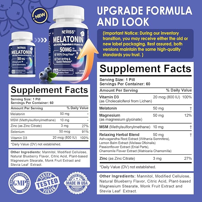 Melatonin 50 mg for Adults - Extra Strength 9-in-1 Fast Dissolve Sublingual - w/Vitamin D3 & MSM, Relaxing Herbal Blend-Ashwagandha, Lemon Balm, Passionflower,Chamomile,Sugar Free, Vegan 60 Servings
