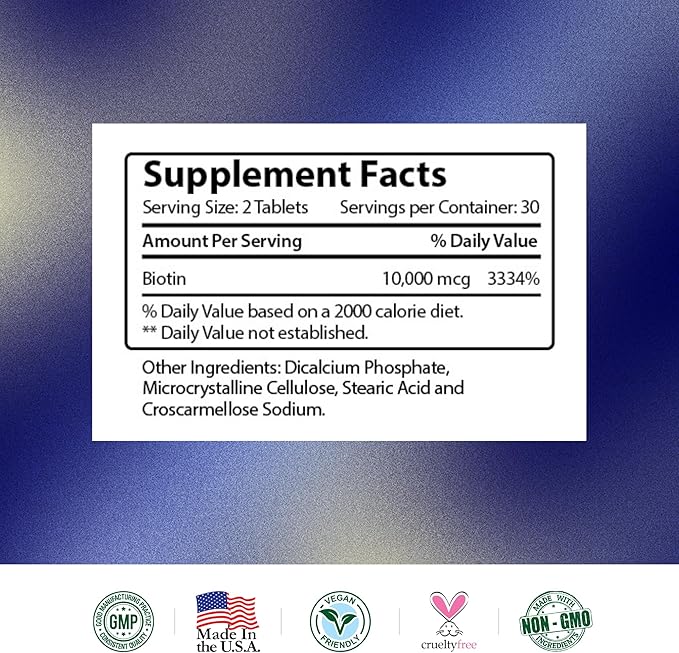 Research Verified Biotin – Pure Biotin Extra Strength 10,000mcg for Improved Hair, Skin and Nail Health - 60 Vegan Tablets, Made in USA